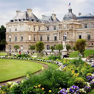 Prints of Situated on the border between Saint-Germain-des-Prés and the Latin Quarter, the Luxembourg Gardens, inspired by the Boboli Gardens in Florence Travel Destination Prints: Jardin du Luxembourg, Paris with blooming flowers in foreground