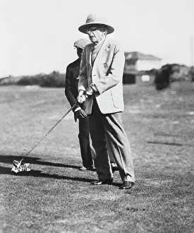 John D Prints: J.D.Rockefeller Watches Ball He Hit;Golf