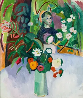 Prints of Jeanne with Flowers. Found in the collection of Musée d'art moderne André Malraux Le Havre. Creator: Dufy, Raoul (1877-1953). (Photo by Fine Art Images/Heritage Images via Getty Images) Quiet Beauty: Moments of Stillness Captured in Art: Jeanne With Flowers. Creator: Dufy