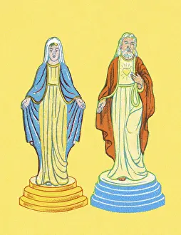 Illustration An Prints: Jesus and Mary on Yellow Background