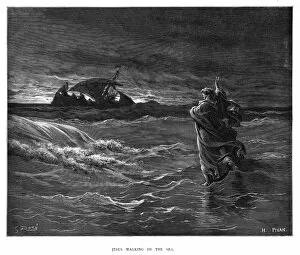 Images Dated 19th August 2016: Jesus walking on the sea engraving 1870