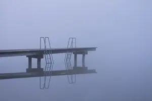 Jetty Prints: Jetty in the autumn mist, Lake Mindelsee, Baden-Wuerttemberg, Germany, Europe