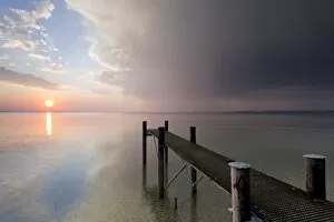 Images Dated 22nd April 2011: Jetty with evening light and stormy atmosphere overlooking Lake Constance near Bregenz, Rohrspitz