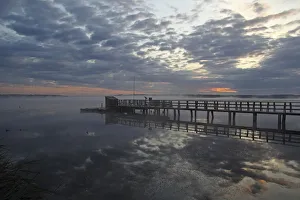 Morning Sky Gallery: Jetty at Federsee lake, clouds, reflections, Federsee lake nature reserve, morning mood