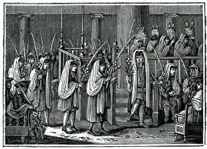 Jewish Prints: Jewish Holiday;Jews Walk W/Palms;Engravi