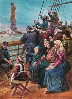 Immigrant Prints: Jewish Immigrants on Ship near Statue of Liberty