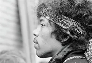 Prints of MONTEREY, CA - JUNE 18: Guitarist Jimi Hendrix caught in a candid moment at the Monterey Pop Festival on June 18, 1967 in Monterey, California. (Photo by Michael Ochs Archives/Getty Images) Electric Visions: Jimi Hendrix Through the Lens: Jimi Hendrix At Monterey Pop