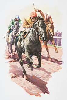 Group Of People Gallery: Three jockeys fighting to come in first, front view