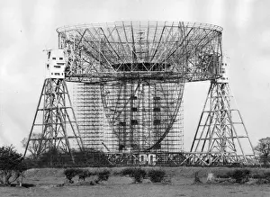 Prints of 18th April 1957: Almost completed, the radio telescope at Jodrell Bank, Cheshire. The responsibility of Manchester University and partly funded by the Nuffield Foundation The Keystone Press Agency Collection Prints: Jodrell Telescope