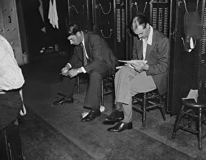 Frankie Crosetti Prints: Joe DiMaggio and Frank Crossetti Sitting in Locker Room
