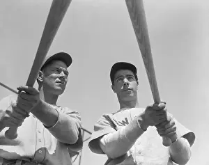 Joe DiMaggio and Mel Ott Holding Bats
