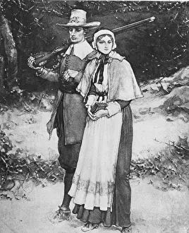 Prints of Ship's carpenter and American colonist John Alden (1599 - 1687) with his wife Priscilla (nee Mullens 1602 ' 1680?) at the Plymouth Colony, Plymouth, Massachusetts, circa 1621 Urban Echoes of America’s Golden Age: John And Priscilla Alden