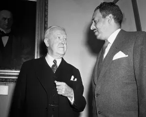 John W Prints: John W. Davis and Thurgood Marshall Standing Underneath Portrait