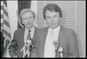 Hartford Prints: John Woodcock at Microphones with Joseph Lieberman Behind