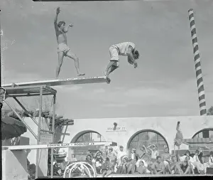 Johnny Weismuller Reinforcing Stubby Kreuger's Dive into Pool