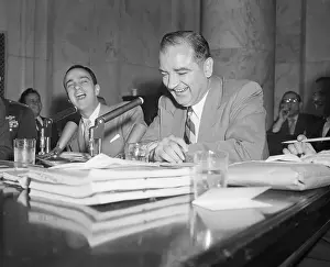 Joseph R Prints: Joseph R. McCarthy and Roy Cohn Laughing in Hearing