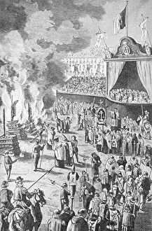 Prints of (Original Caption). An Act of Faith involving burning at the stake of Jews who refused to be converted, around 1492. (During the Spanish Inquisition) Timeless Visions: Icons of Art and History: Judgement Scene at Spanish Inquisition