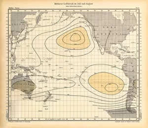 Images Dated 19th January 2018: July and August Air Pressure Chart, Pacific Ocean, German Antique Victorian Engraving, 1896