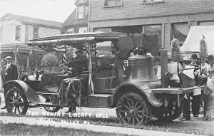 Prints of Profile view of a truck carrying the Justice Bell, a replica of the Liberty Bell cast by Pennsylvanian suffragists and used for campaigning between 1915 and 1920, with spectators in the background Historic Moments from the Women’s Fight for the Vote: Justice Bell On Truck