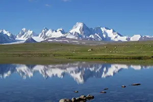 High Mountain Range Prints: Kakshaal Too mountains reflecting in an alpine lake