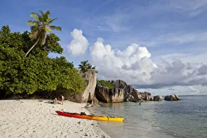 Kayaking at Anse Source d Argent, rock formations, La Digue, Seychelles, Africa, Indian Ocean