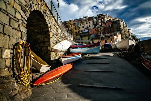 Images Dated 11th November 2013: Kayaks with colorful houses of Manarola village in Cinque Terre National Park, Liguria, Italy
