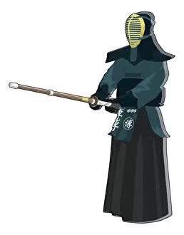 Kendo martial arts fighter holding sword in front of him