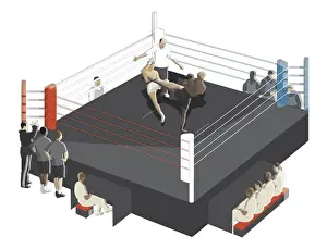 Kickboxers and referee in kickboxing ring