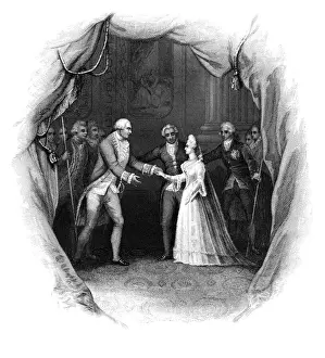 Prints of History Of England :First meeting of George III with the Princess Charlotte of Mecklenburg Strelitz, engraved by J.Rogers from painting by W.M.Craig and publihed by John Tallis a Company The Illustrated London News (ILN) Prints: King George III with the Princess Charlotte of Mecklenburg-Strelitz