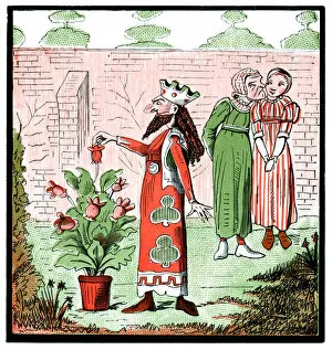 King picking flower buds (Victorian cartoon)