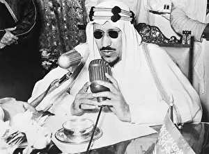Saudi Arabia Prints: King Saud Speaks into Microphone
