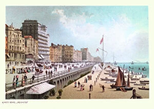 The Great British Seaside Collection: Kings Road, Brighton, East Sussex, a seaside resort. Victorian, Tourists, Beach, Hotels