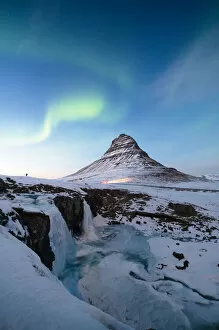Pete Lomchid Landscape Photography Collection: Kirkjufell mountain winter with Aurora sky