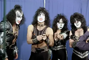 Prints of LOS ANGELES - JANUARY 1983: Gene Simmons, Paul Stanley, Vinnie Vincent and Eric Carr of the rock and roll band Kiss pose for a portrait in January 1983 in Los Angeles, California Icons Unmasked: Kiss Backstage