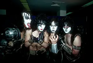 Prints of LOS ANGELES - JANUARY 1983: Gene Simmons, Paul Stanley, Vinnie Vincent and Eric Carr of the rock and roll band Kiss pose for a portrait in January 1983 in Los Angeles, California Icons Unmasked: Kiss Backstage