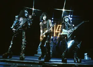 Prints of LOS ANGELES - CIRCA 1983: Gene Simmons, Paul Stanley and Ace Frehley of the rock and roll band Kiss pose for a portrait session backstage on May 31, 1974 in Los Angeles, California Icons Unmasked: Kiss Performing