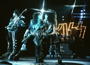 Prints of LOS ANGELES - CIRCA 1983: Gene Simmons, Paul Stanley and Ace Frehley of the rock and roll band Kiss pose for a portrait session backstage on May 31, 1974 in Los Angeles, California Icons Unmasked: Kiss Performing