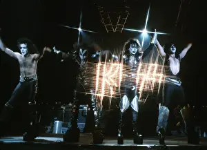 Prints of LOS ANGELES - CIRCA 1983: Gene Simmons, Paul Stanley and Ace Frehley of the rock and roll band Kiss pose for a portrait session backstage on May 31, 1974 in Los Angeles, California Icons Unmasked: Kiss Performing