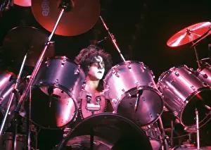 Prints of LOS ANGELES - CIRCA 1983: Eric Carr (drummer 1982-4) of the rock and roll band Kiss performs onstage in circa 1983 in Los Angeles, California. (Photo by Michael Ochs Archives/Getty Images) Icons Unmasked: Kiss Performing