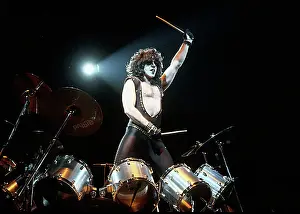 Prints of CIRCA 1985: Drummer Eric Carr of the rock and roll band Kiss performs onstage in circa 1977 (Photo by Michael Ochs Archives/Getty Images) Icons Unmasked: Kiss Performing
