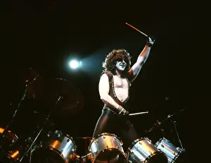 Prints of CIRCA 1985: Drummer Eric Carr of the rock and roll band Kiss performs onstage in circa 1985. (Photo by Michael Ochs Archives/Getty Images) Icons Unmasked: Kiss Performing