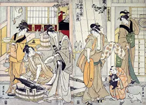 Barrels Prints: Kitchen with women preparing fresh caught fish