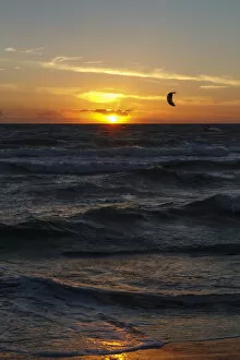 Kitesurfer at sunset, Baltic Sea, Wustrow, Mecklenburg-Western Pomerania, Germany