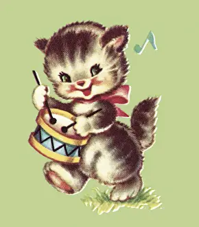 Illus Prints: Kitten Playing Drum
