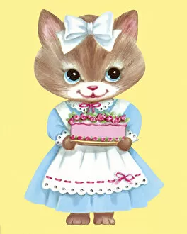 Images Dated 14th May 2014: Kitten Wearing a Dress Holding a Cake