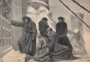Kneeling Henry IV and Party Outside Doors of Building