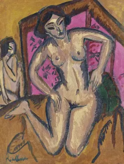 Expressionism Prints: Kneeling Nude in front of Red Screen