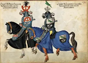 Bayern Prints: Knight on horseback in decorative armour at a jousting tournament