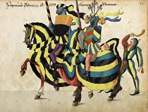 Albums Prints: Knight on horseback in decorative armour at a jousting tournament
