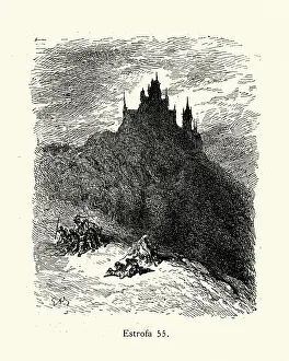 Knights fighting in front of a castle, Medieval Chivalric romance